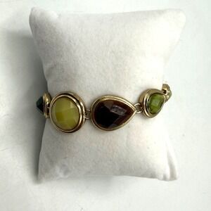 Gold Tone Multi Stone Beaded Toggle Bracelet Green Brown Amber Earthy Boho